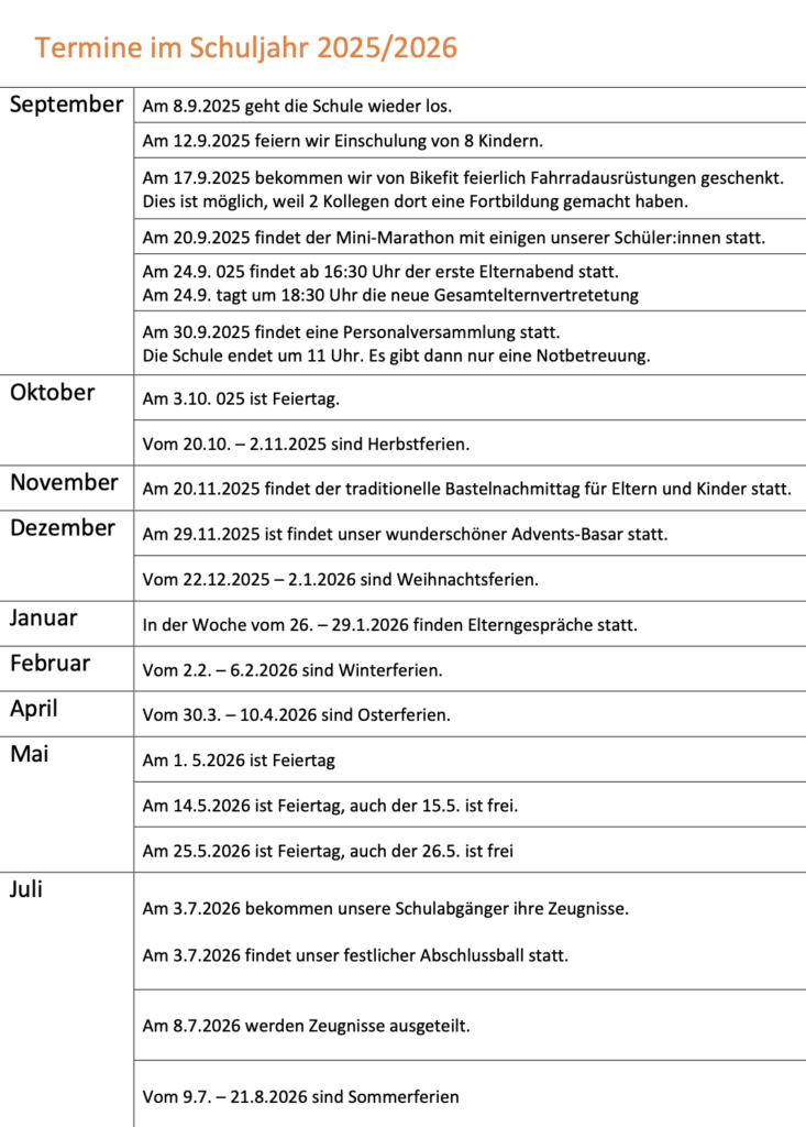 Termine für das Schuljahr 2025/26
